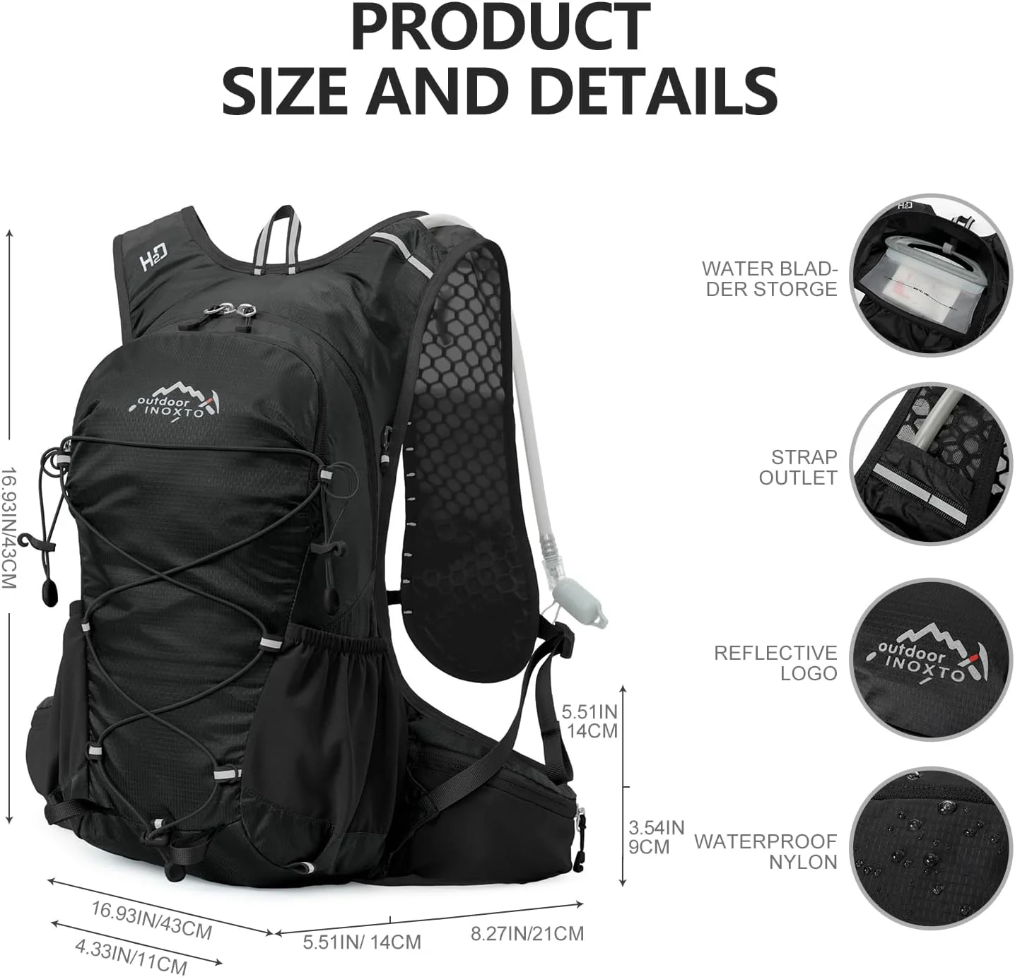 INOXTO 18L Hydration Backpack for Women Men with 2L Water Bladder - Image 11