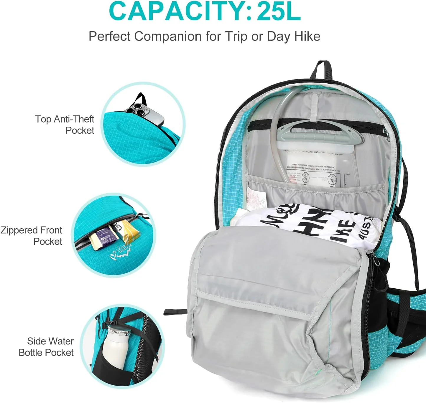 INOXTO 25L Hydration Hiking Backpack with 3L Water Bladder and Rain Cover - Image 17