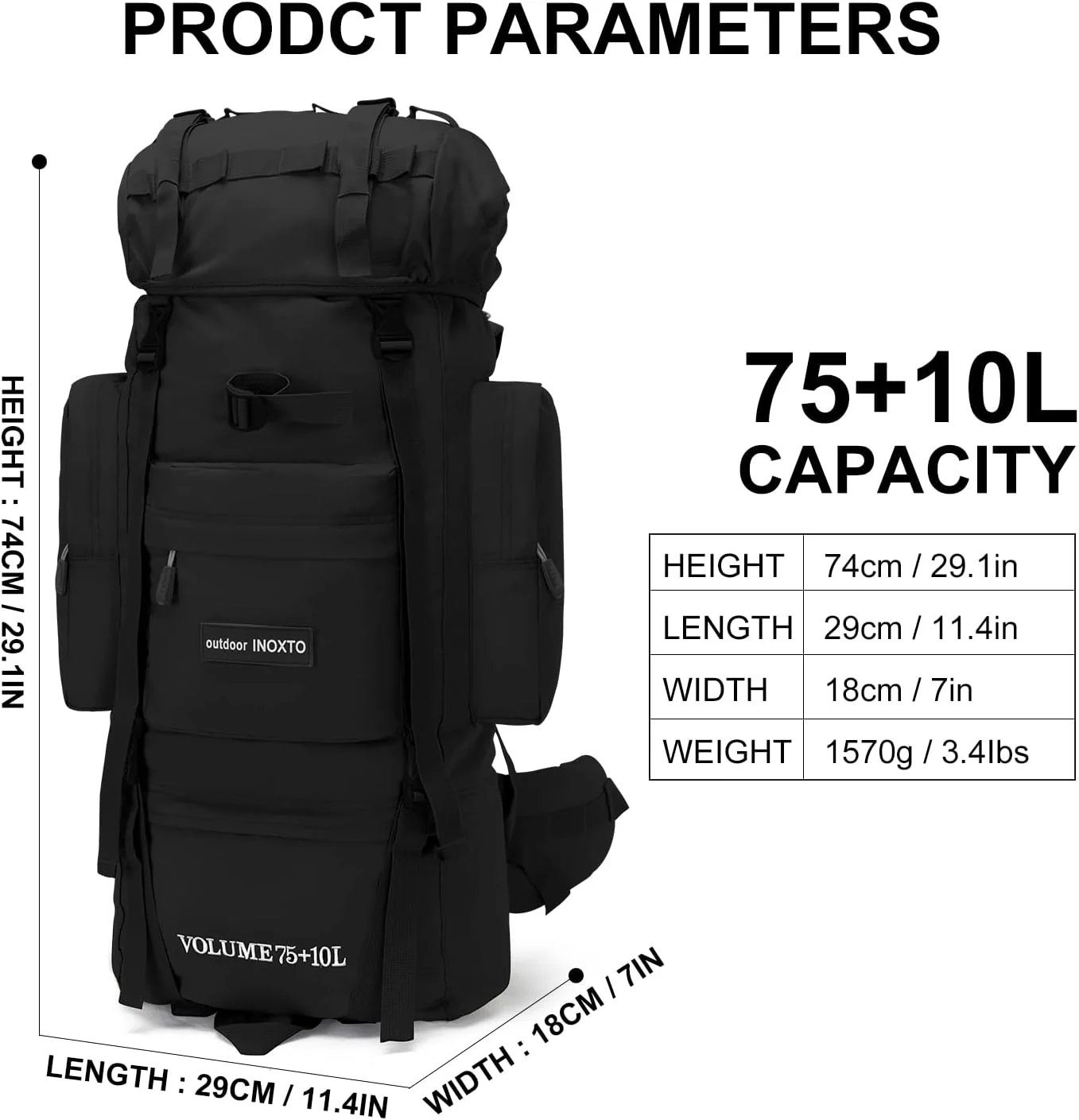 INOXTO Outland 65/85L Internal Frame Backpack - Image 3
