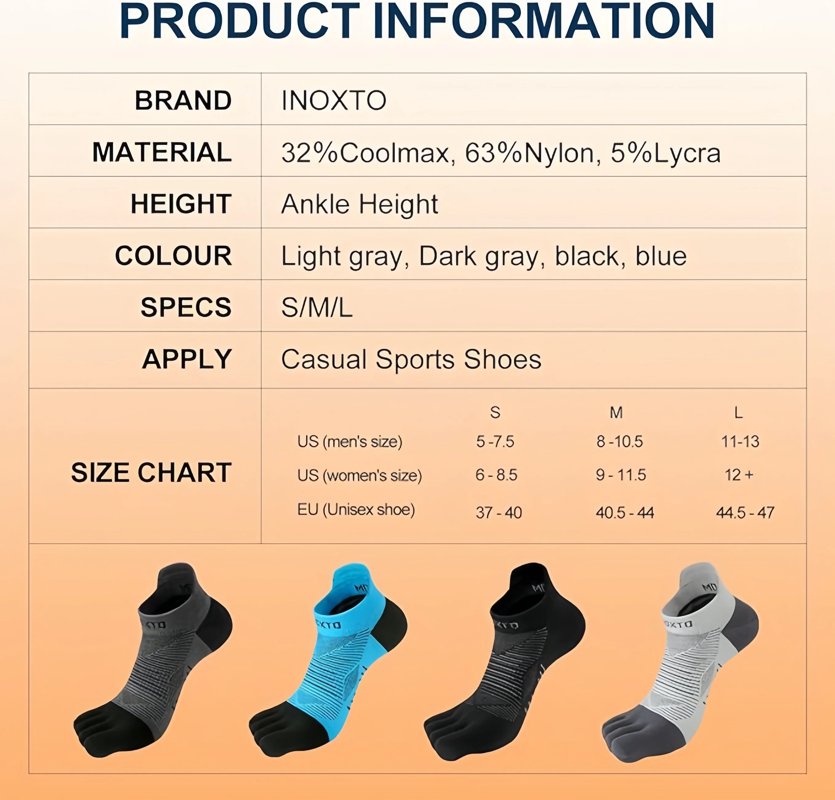 INOXTO Running Toe Socks-4 Pairs COOLMAX® - Image 7